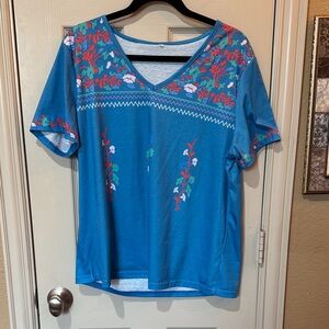 V-Neck Floral Embroidered Blue Women’s Tee